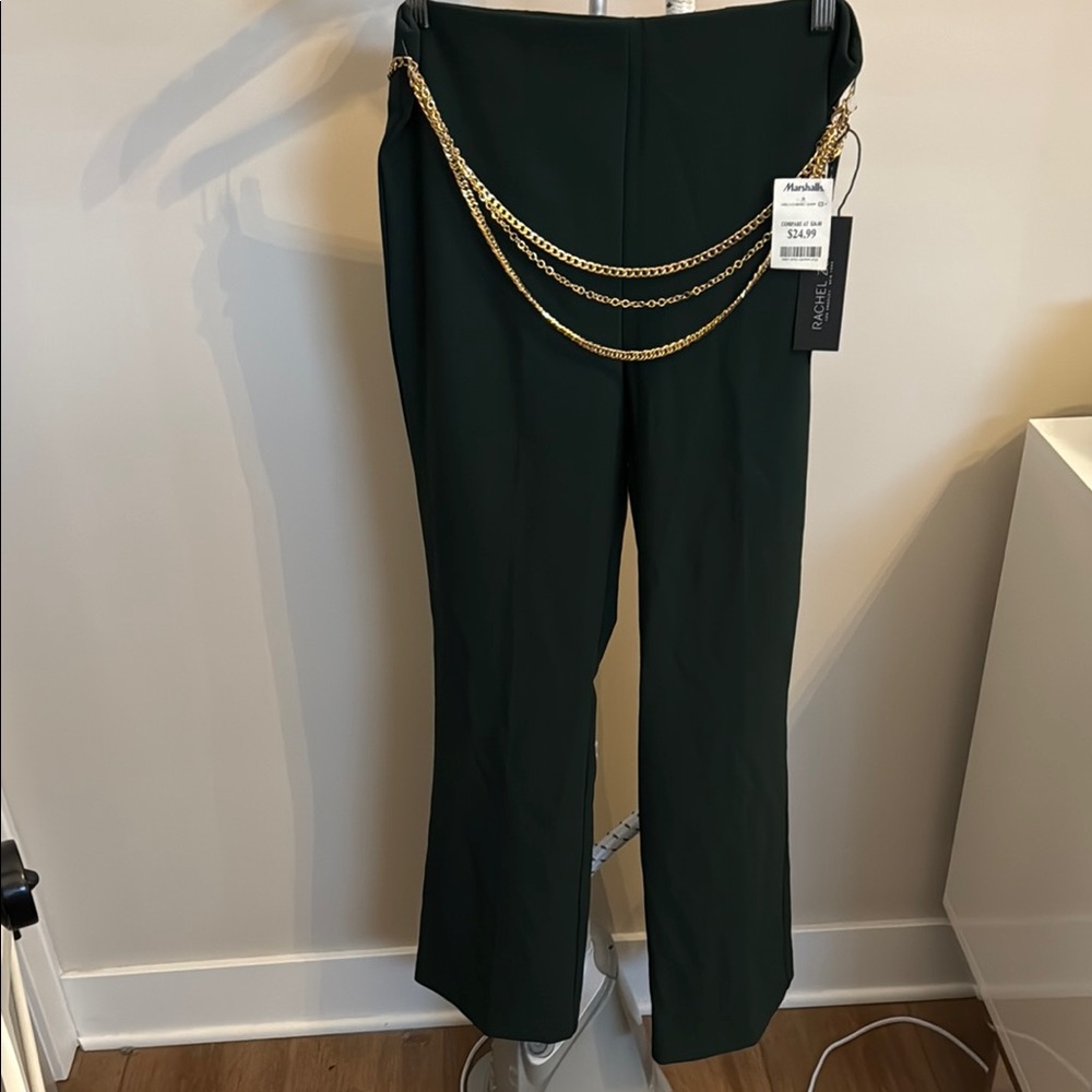 Rachel Zoe High Waist Flare Pull On Green Pants with removable Chain belt.
